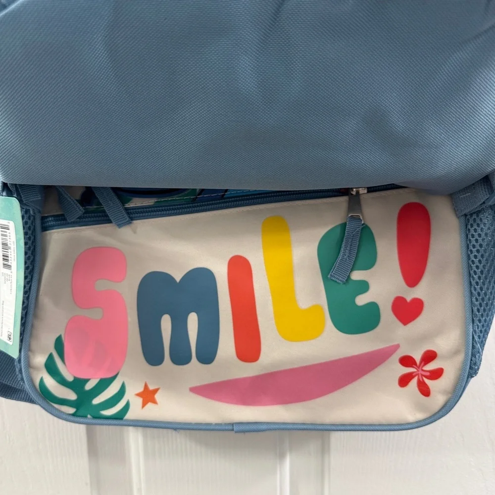 Disney Blue Stitch Kids Backpack with Floral Accents